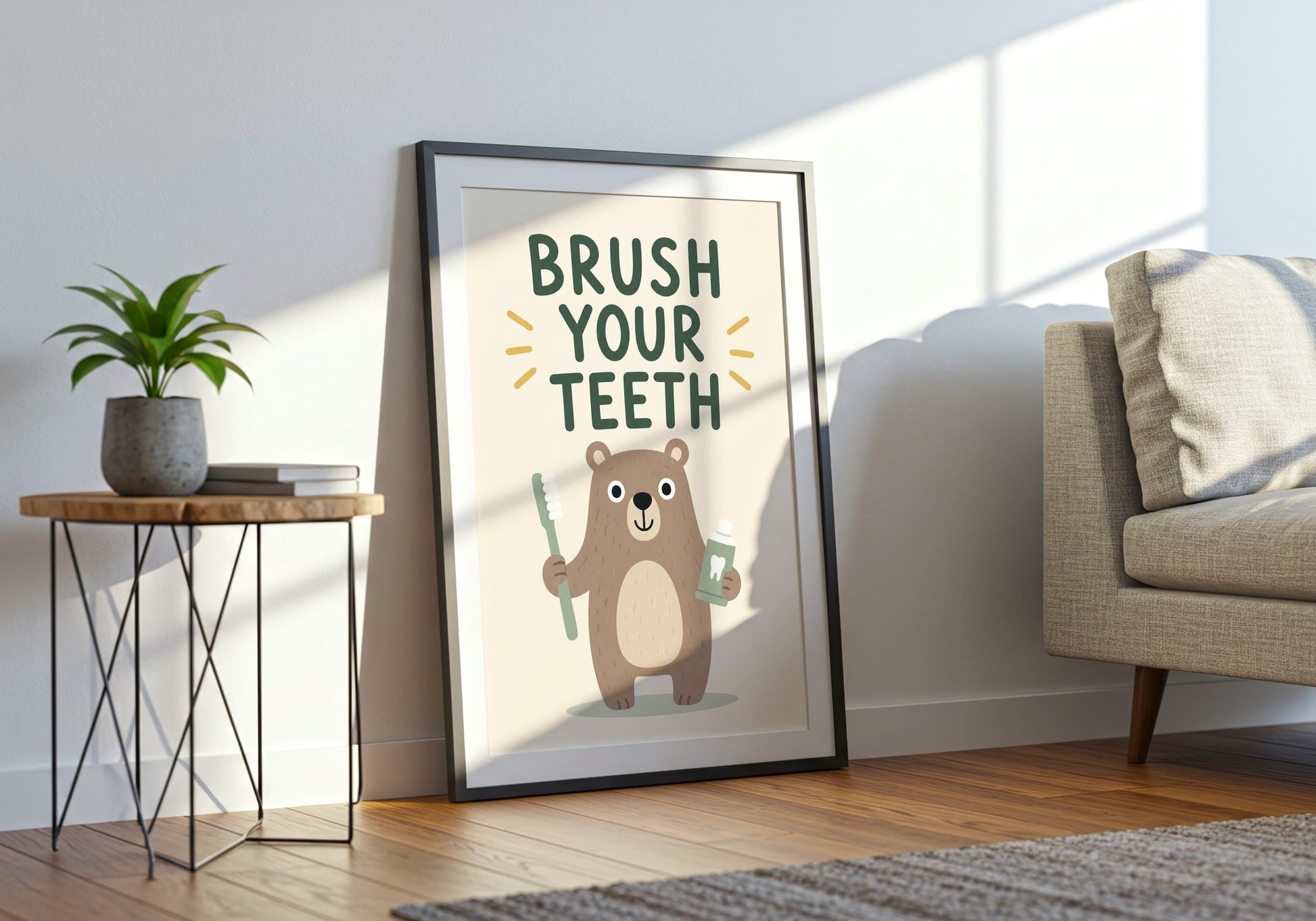 Children's dental hygiene wall art with a smiling woodland bear holding a toothbrush, perfect for nurseries and family bathrooms.