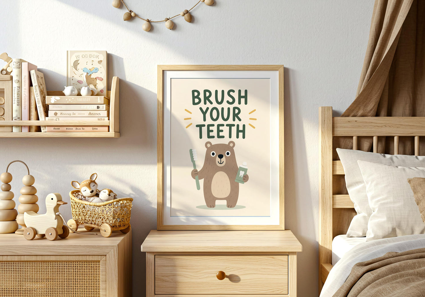 Kids bathroom wall art featuring a friendly bear brushing teeth, educational print encouraging healthy dental habits.