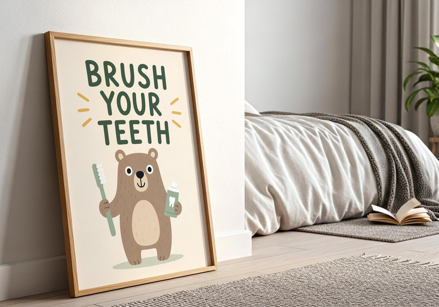 Modern forest animal bathroom print with Brush Your Teeth quote, cute bear wall art for woodland nursery and kids' bathroom decor.