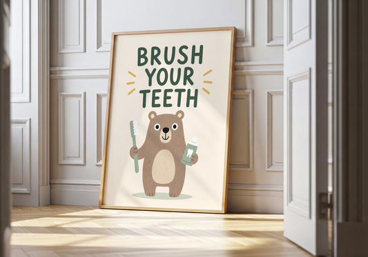 Cute woodland bear bathroom print with Brush Your Teeth quote, children's wall art featuring a bear holding a toothbrush and toothpaste.