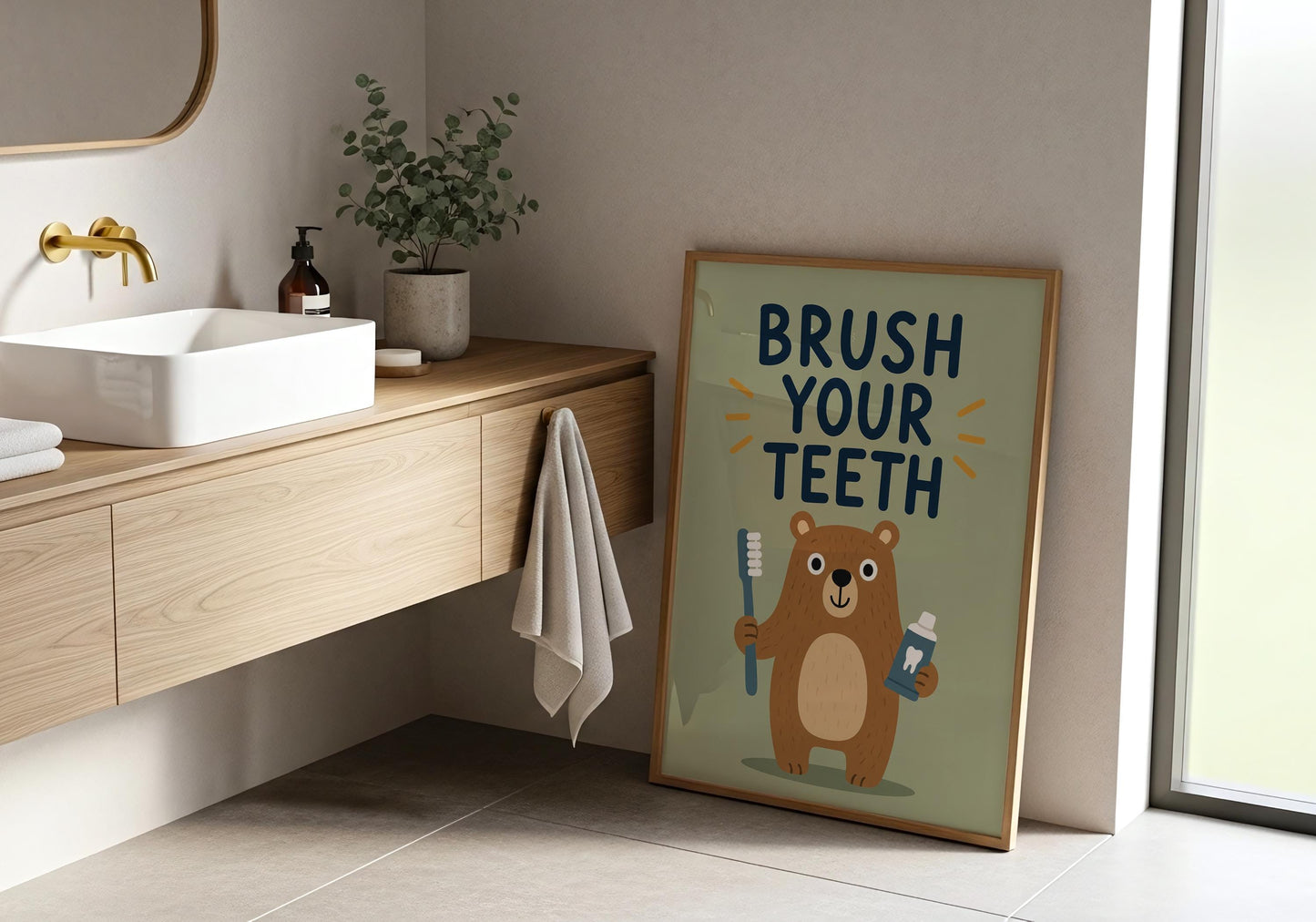 Sage green bear bathroom wall art encouraging children to brush their teeth, perfect for woodland nurseries and kids' bathrooms.