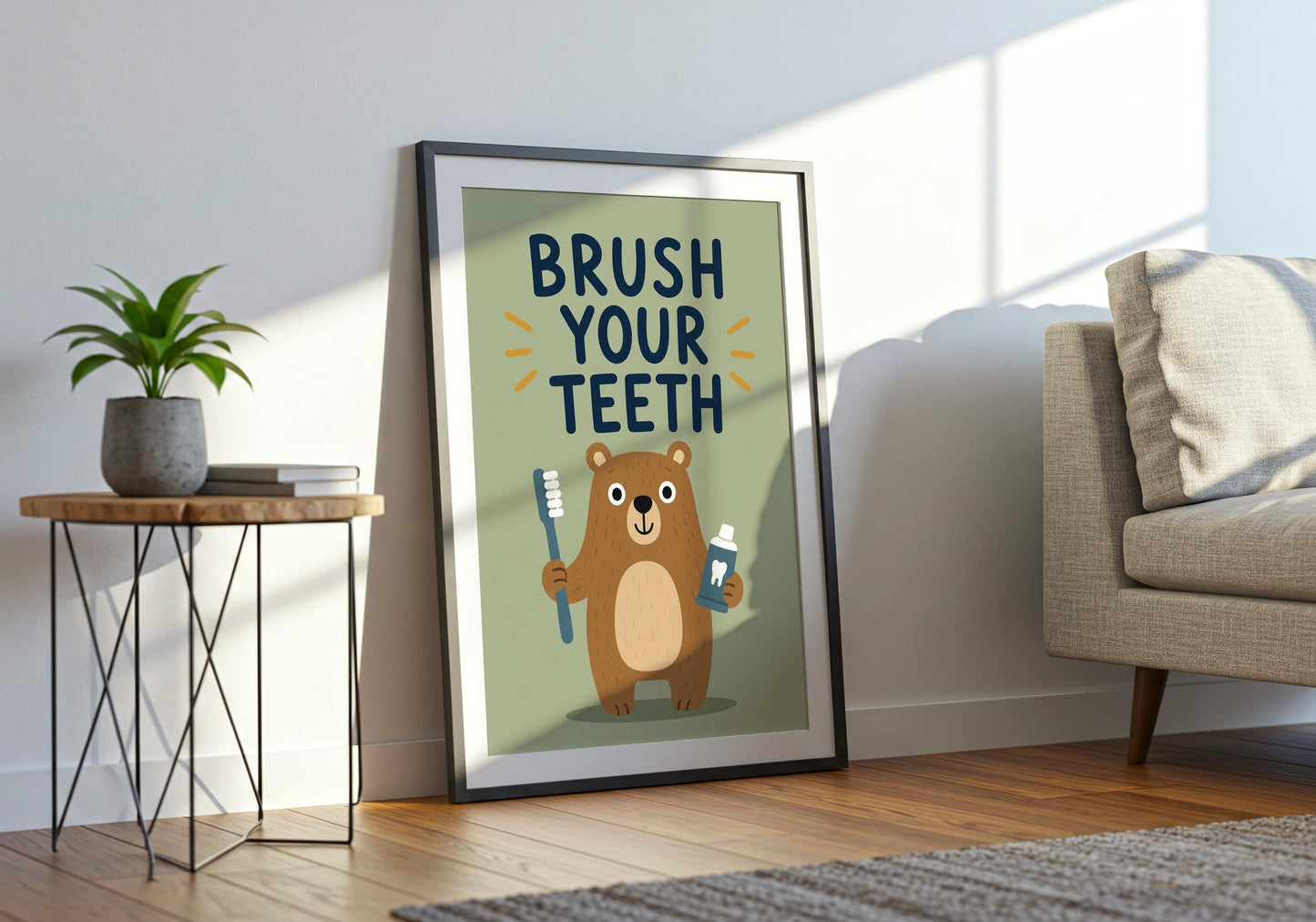 Children's bathroom wall art featuring a cute bear holding a toothbrush, ideal for neutral nursery decor and woodland themes.