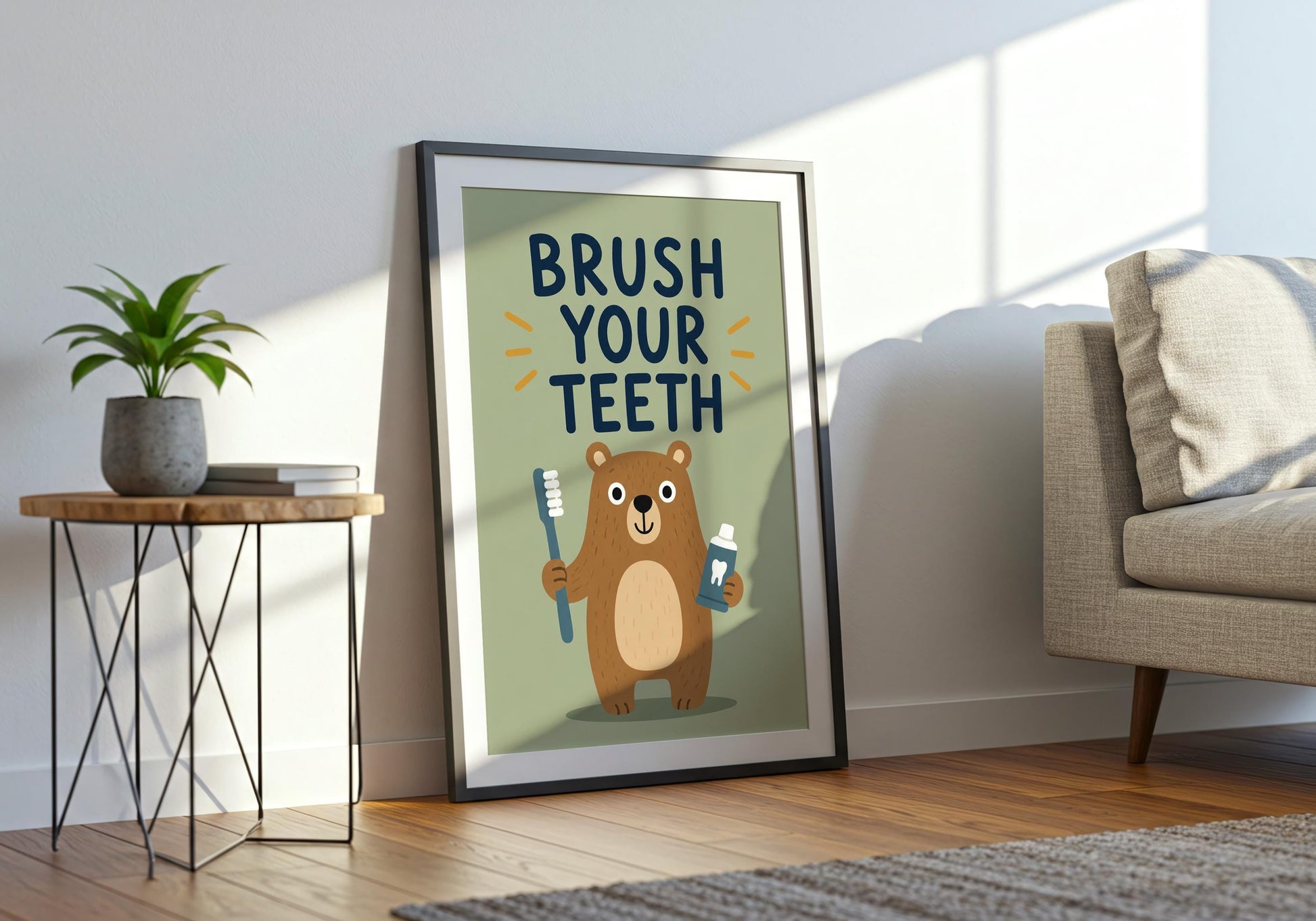 Children's bathroom wall art featuring a cute bear holding a toothbrush, ideal for neutral nursery decor and woodland themes.