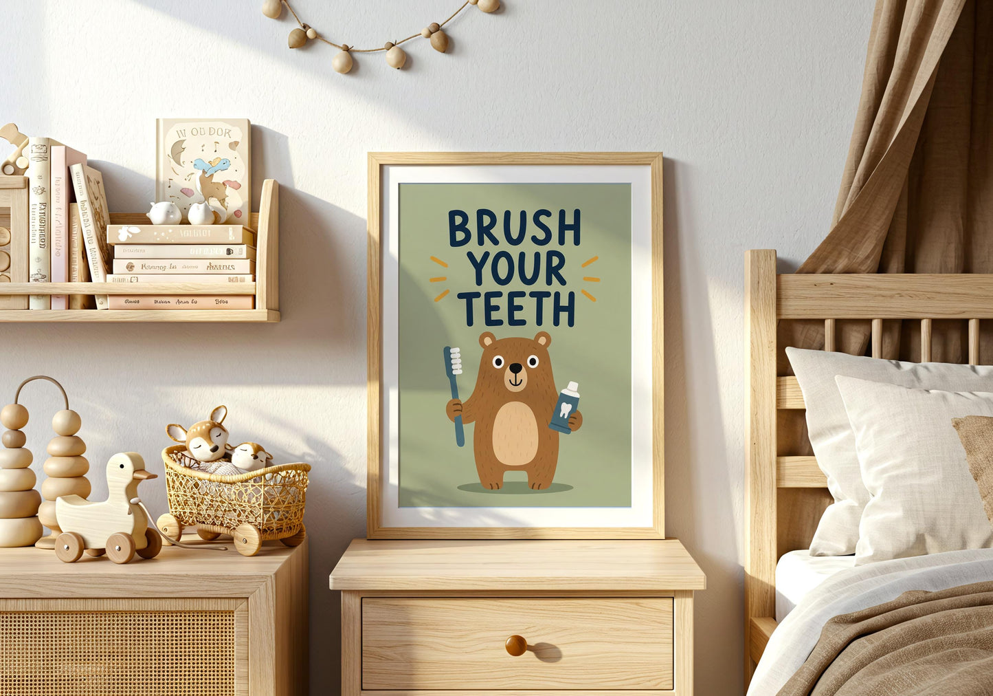 Cute bear dental hygiene poster featuring a woodland bear with a toothbrush and toothpaste for toddlers and preschoolers.