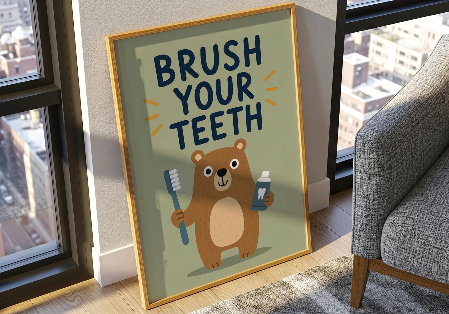 Scandinavian-style bear bathroom art with modern typography and a friendly woodland bear promoting healthy brushing habits.