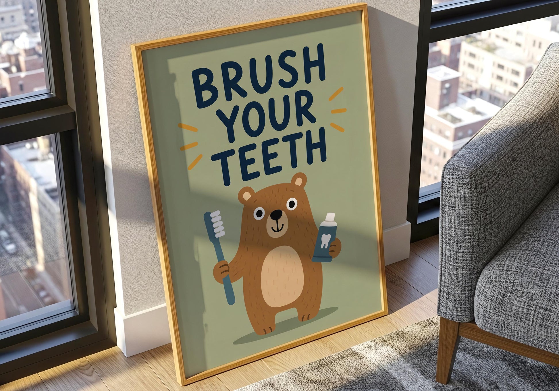 Scandinavian-style bear bathroom art with modern typography and a friendly woodland bear promoting healthy brushing habits.