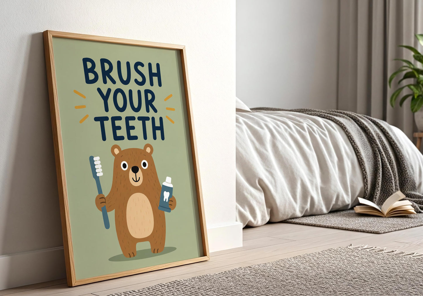 Modern sage green bear print for kids' bathrooms, featuring a friendly woodland bear encouraging healthy daily dental routines.