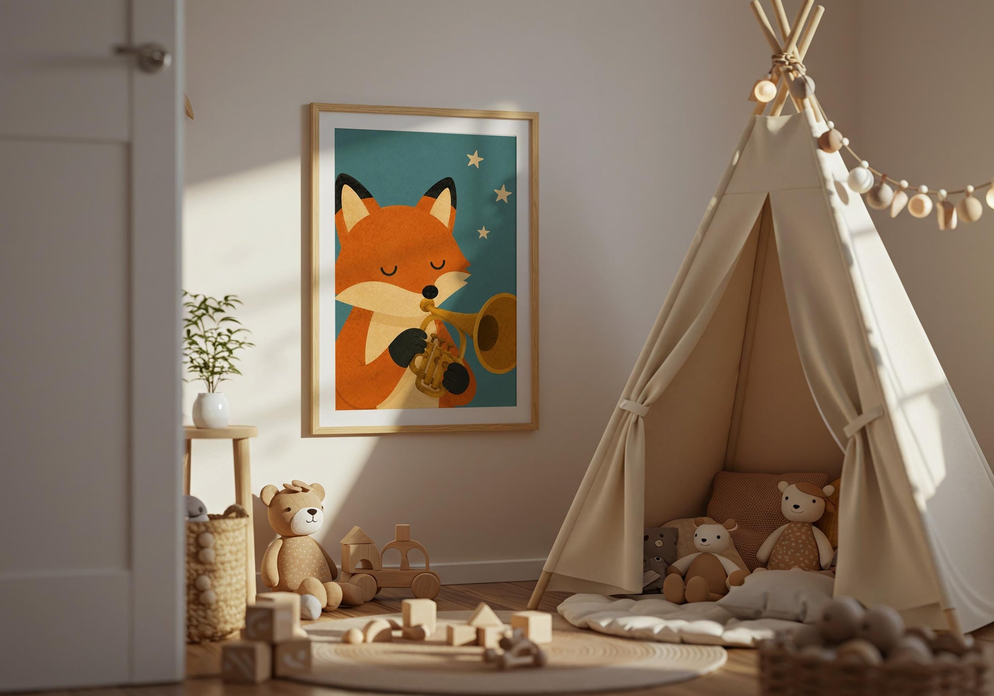 Forest animal nursery print featuring a musical fox with a trumpet against a blue starry background.