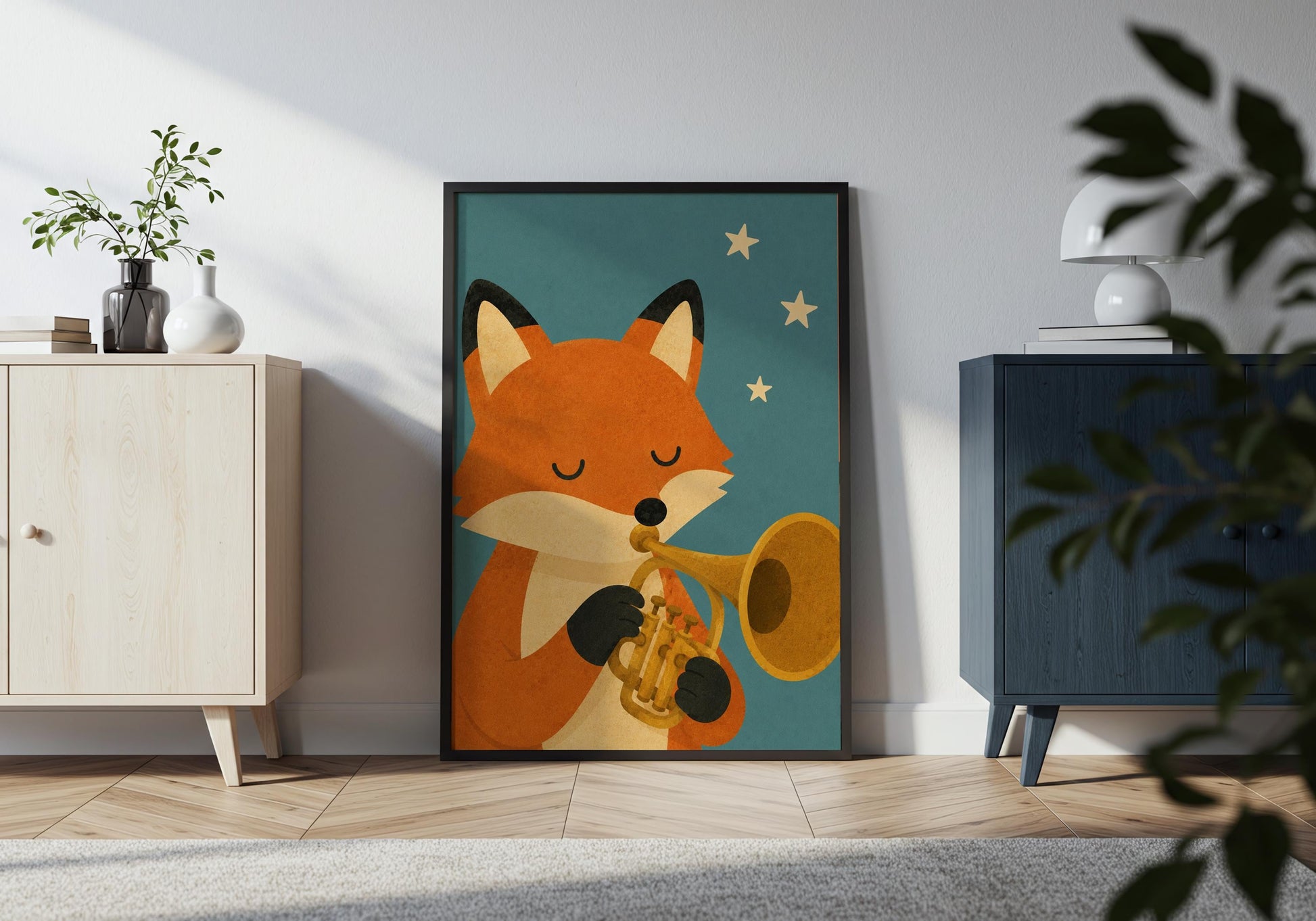 Children's music room wall art with an adorable fox playing a trumpet, perfect for inspiring young musicians.