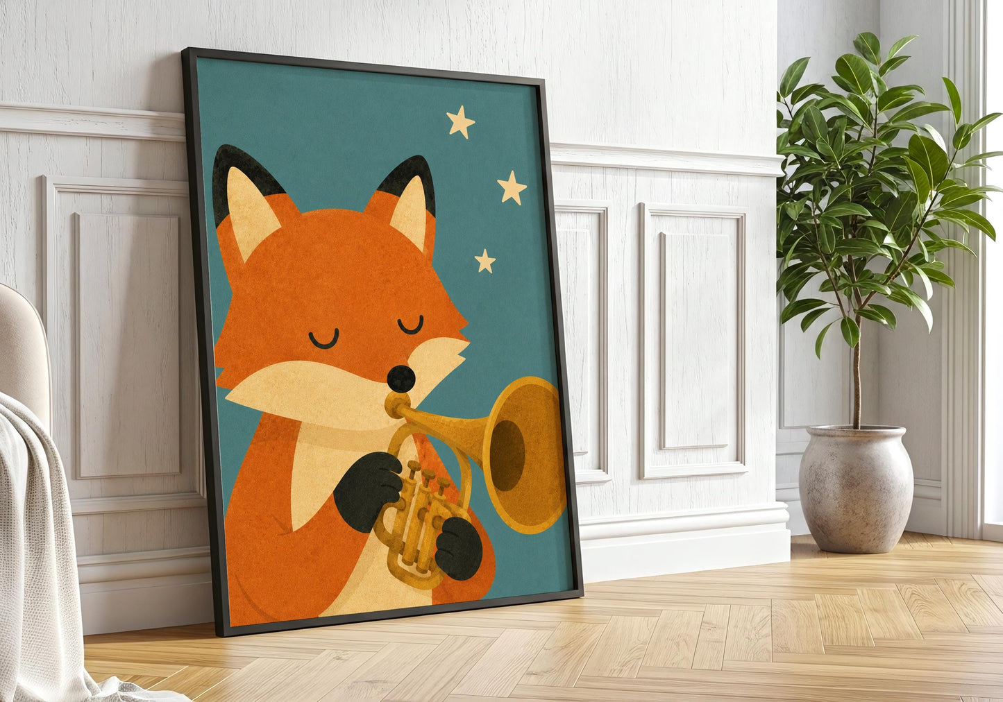 Woodland animal wall art with a peaceful fox playing a brass trumpet, ideal for music-themed nurseries and children's bedrooms.