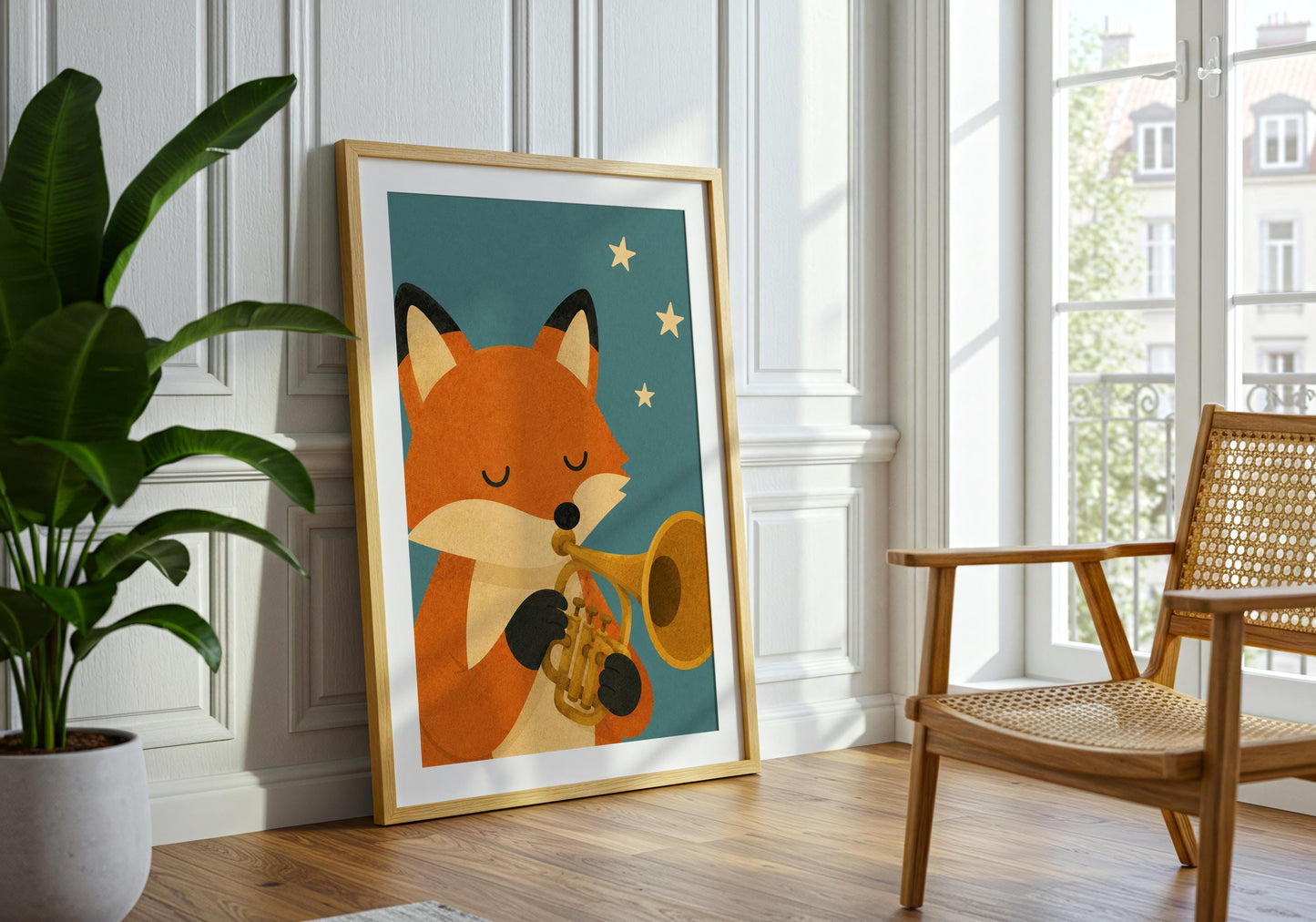 Woodland nursery decor featuring a cute fox musician, modern animal wall art for babies, toddlers, and playrooms.