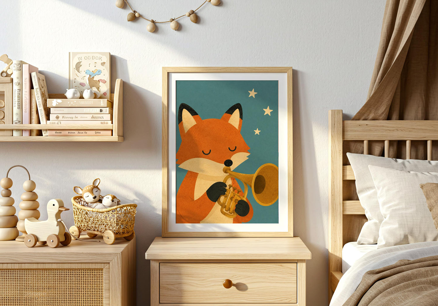 Scandinavian fox illustration playing a trumpet, whimsical nursery wall art for forest-themed baby rooms.