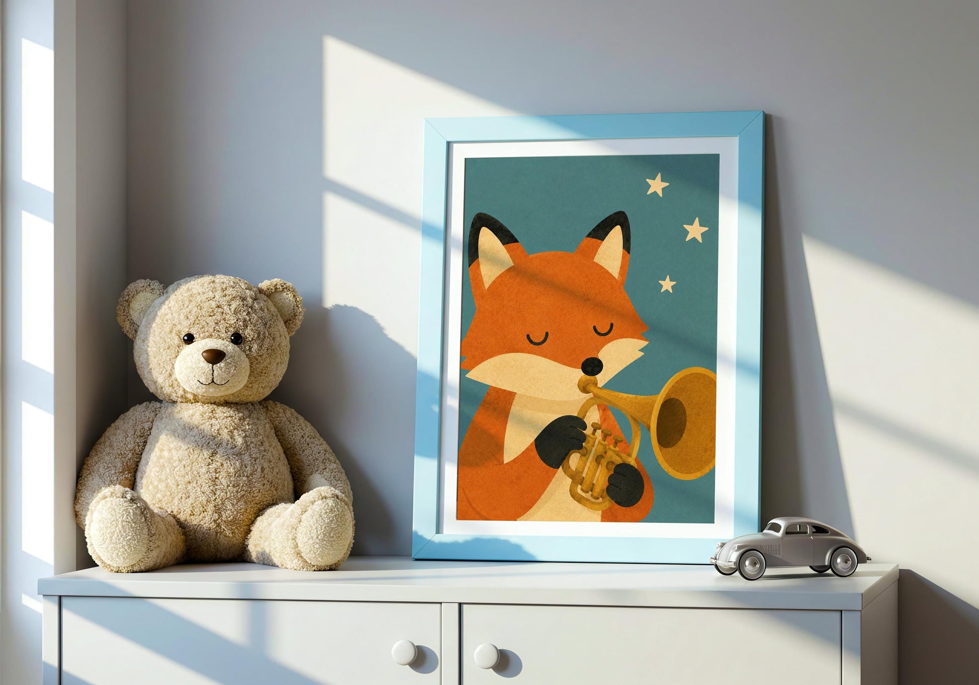 Fox playing trumpet illustration with soft woodland colours, ideal for Scandinavian nursery and music classroom decor.