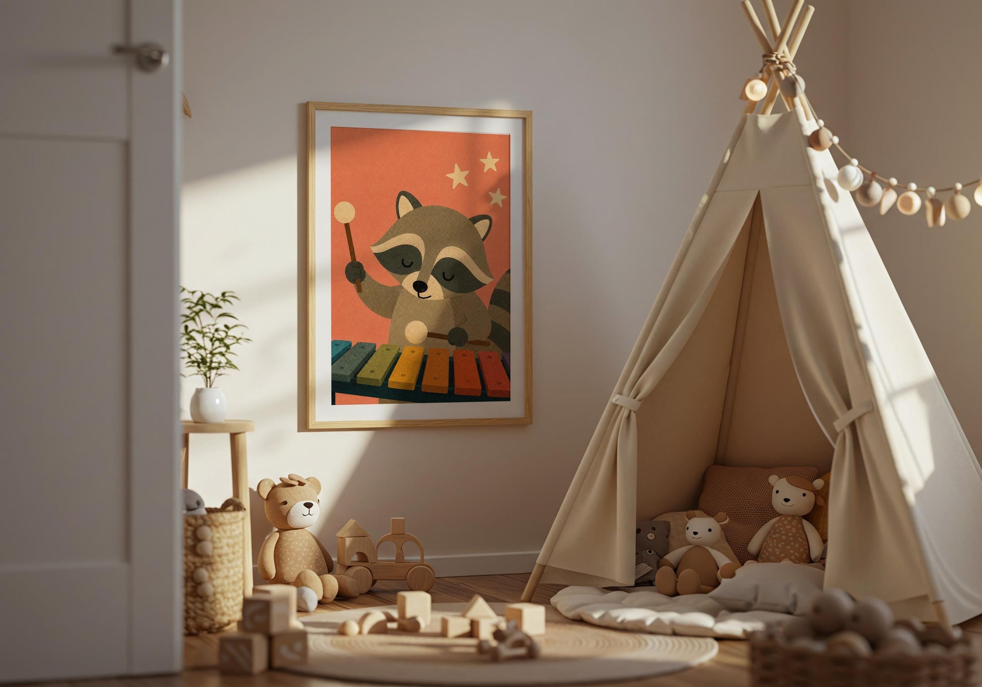 Forest animal nursery print featuring a musical raccoon performing on a colourful xylophone against a warm coral background.