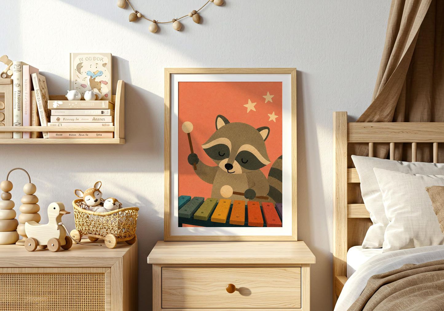Scandinavian raccoon illustration playing a xylophone, whimsical woodland nursery wall art for babies and toddlers.