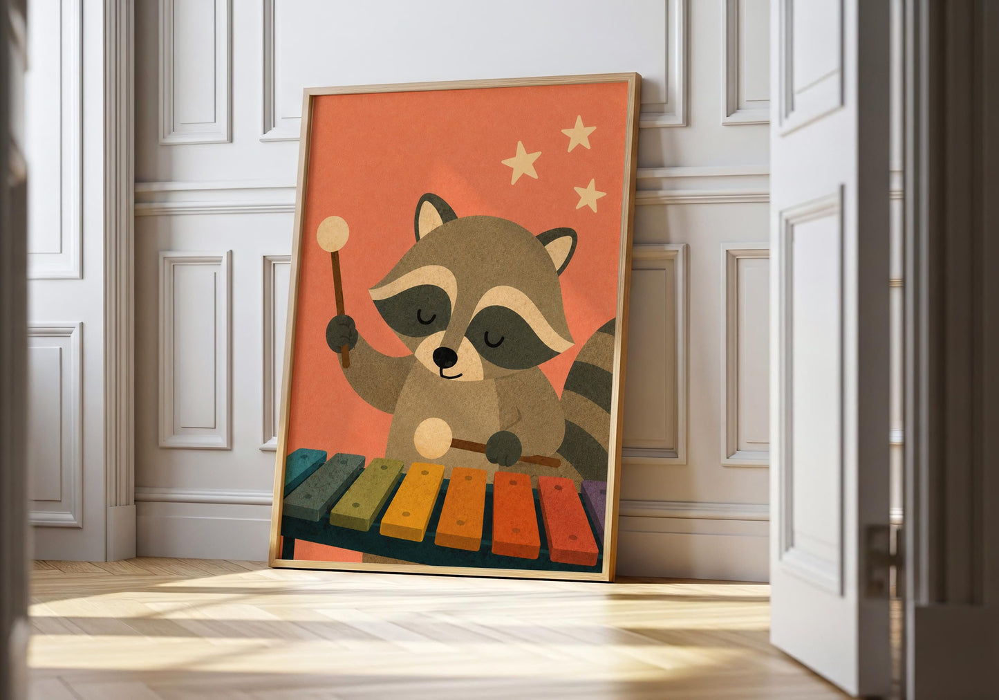 Cute raccoon nursery print featuring a woodland raccoon playing a colourful xylophone beneath stars, perfect for music-themed nursery decor.