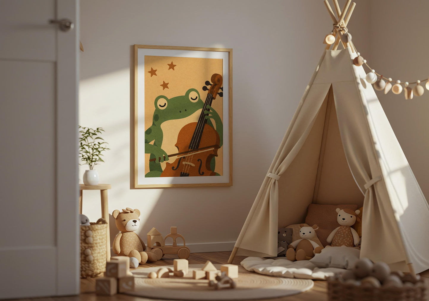 Forest animal nursery print featuring a frog performing on a cello against a warm neutral background.