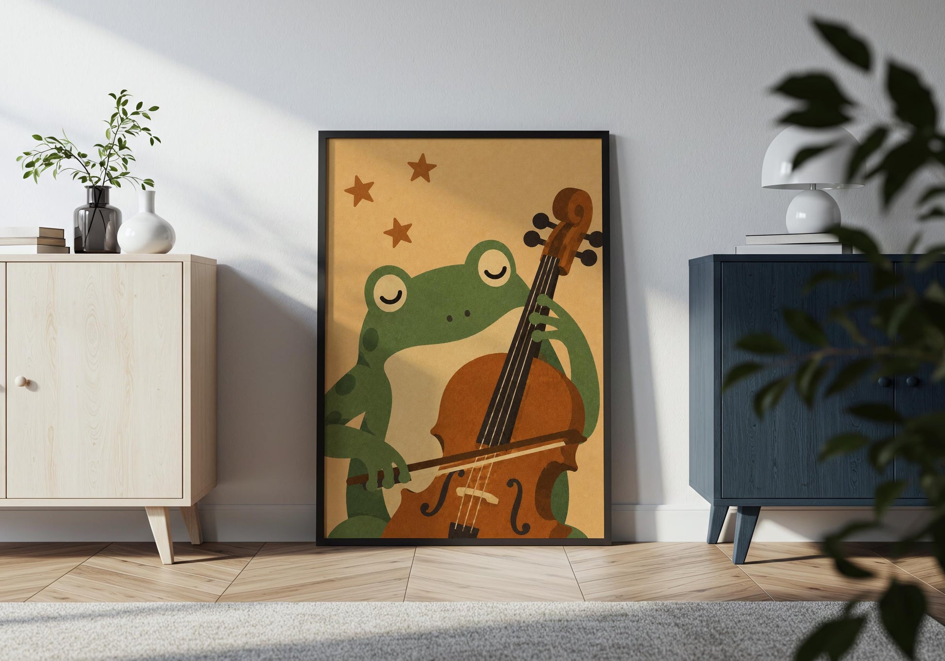 Children's music room wall art with an adorable frog playing a cello, inspiring creativity and a love of classical music.