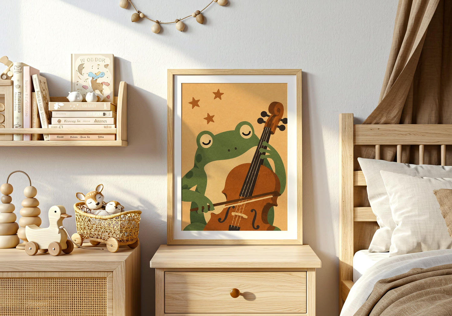 Scandinavian frog illustration playing a cello, whimsical woodland nursery wall art for babies and toddlers.