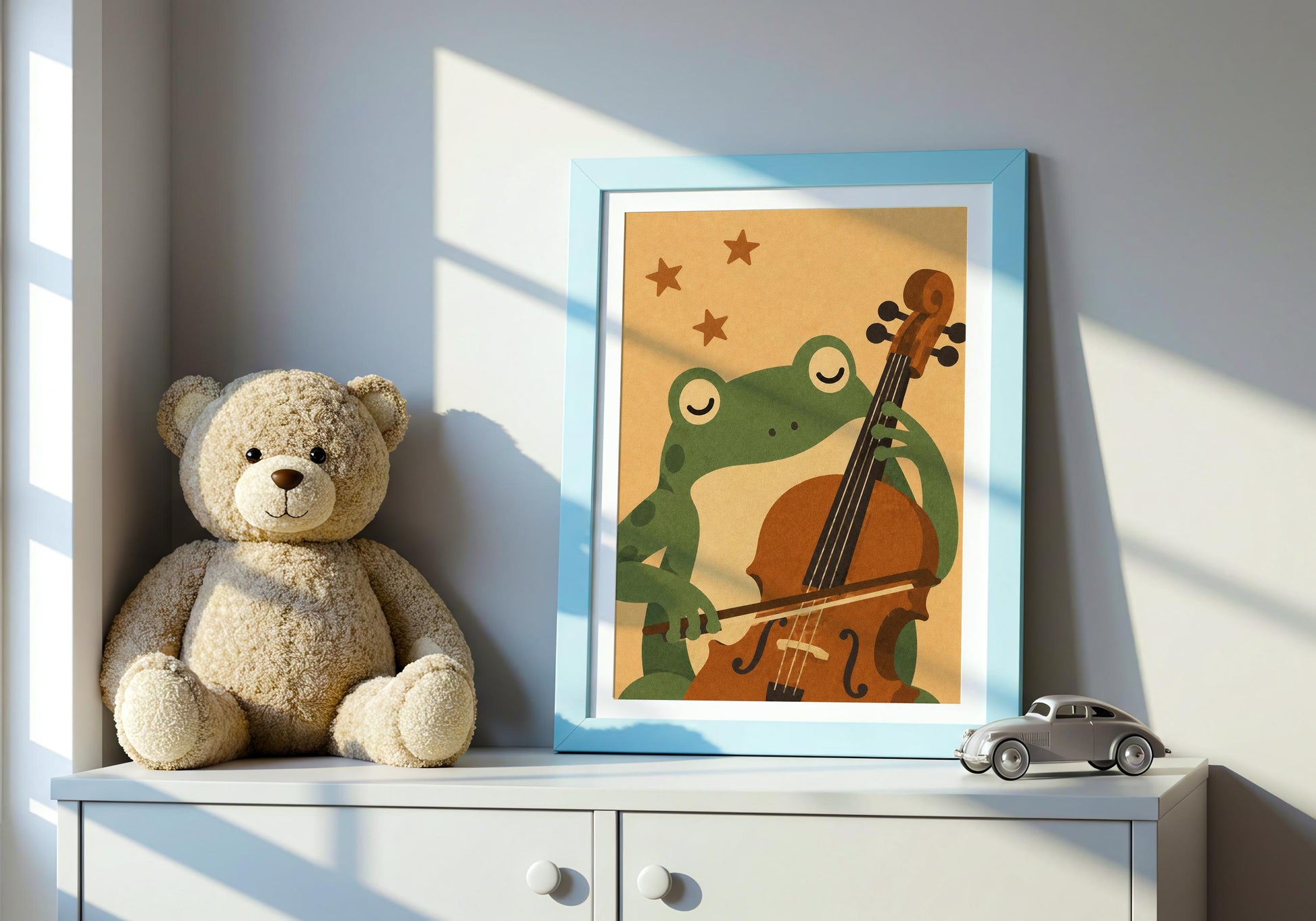 Frog playing cello illustration with warm earthy colours, perfect for Scandinavian nursery and orchestra classroom decor.