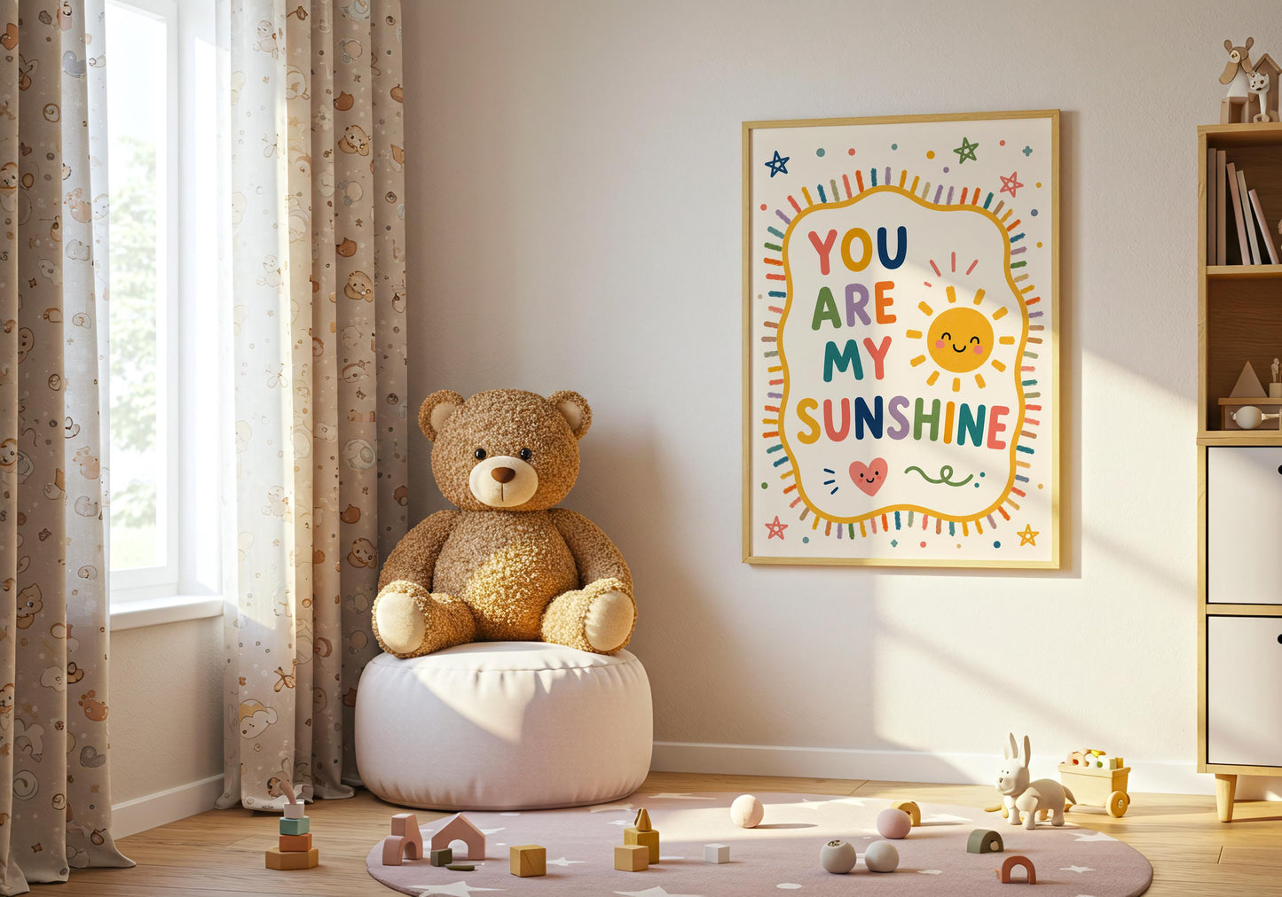 Modern nursery wall print with You Are My Sunshine quote, happy sun illustration and colourful children's room decor.