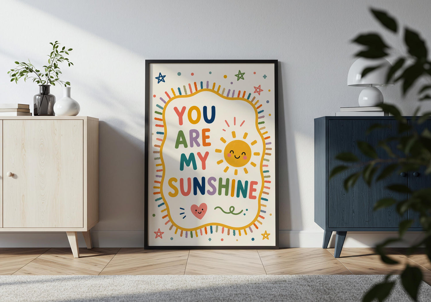 Pastel nursery print with You Are My Sunshine quote, smiling sun, colourful lettering and modern baby room decor.