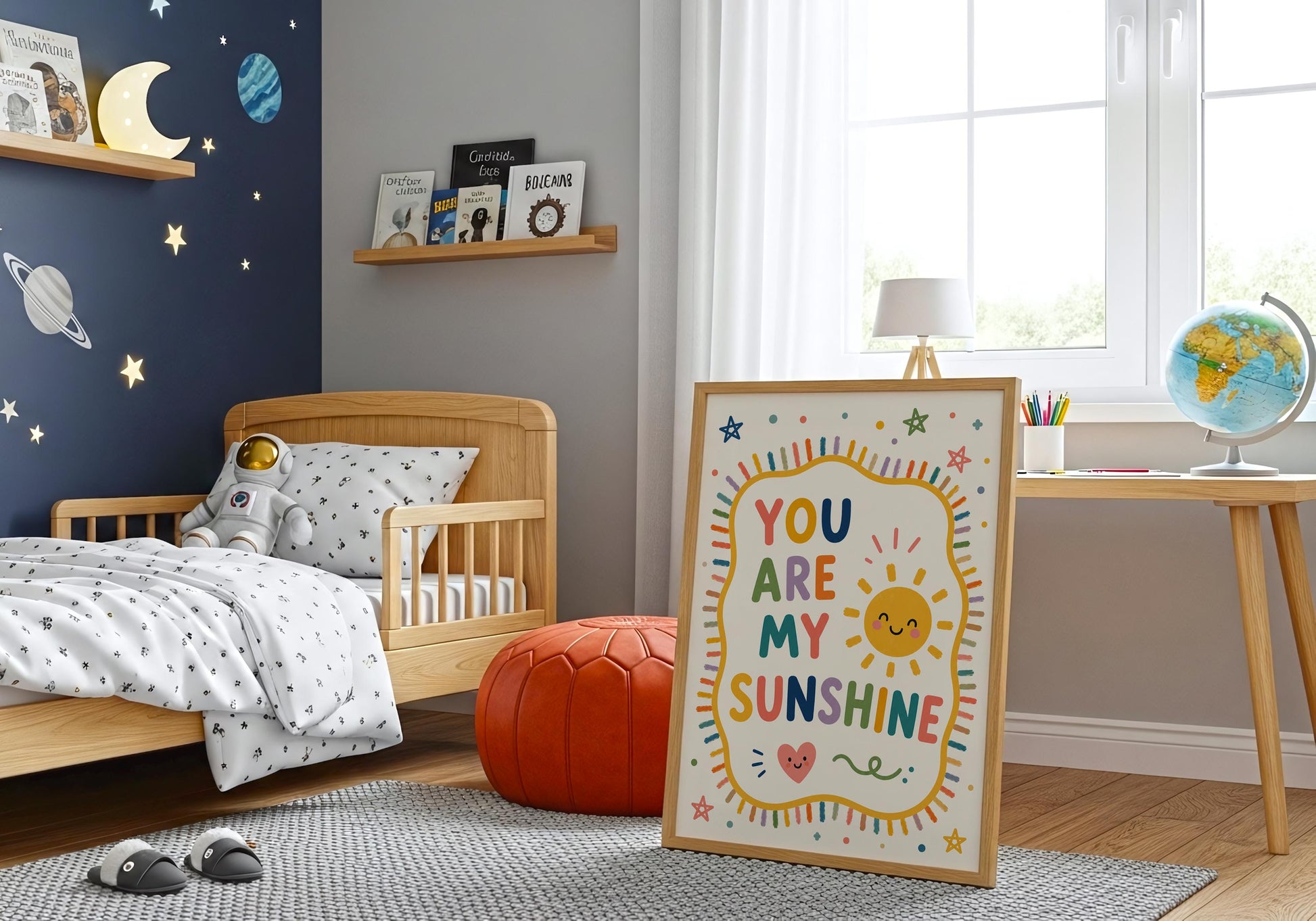 Gender neutral nursery wall decor with colourful You Are My Sunshine artwork and happy sunshine illustration.