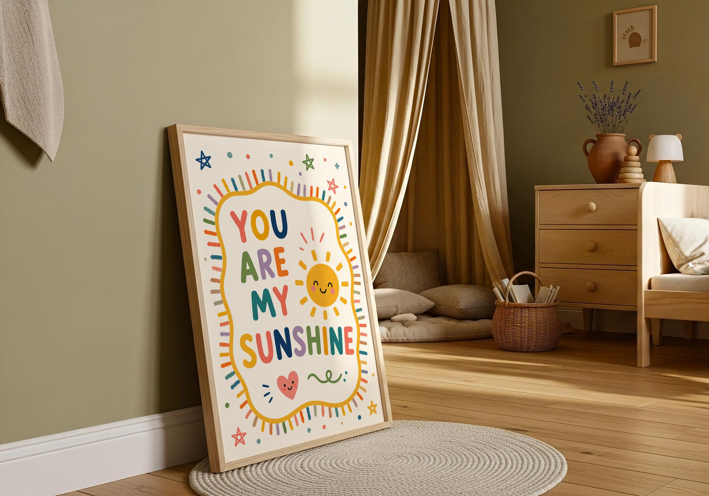 Baby shower gift idea featuring You Are My Sunshine nursery print with playful typography and colourful sun artwork.
