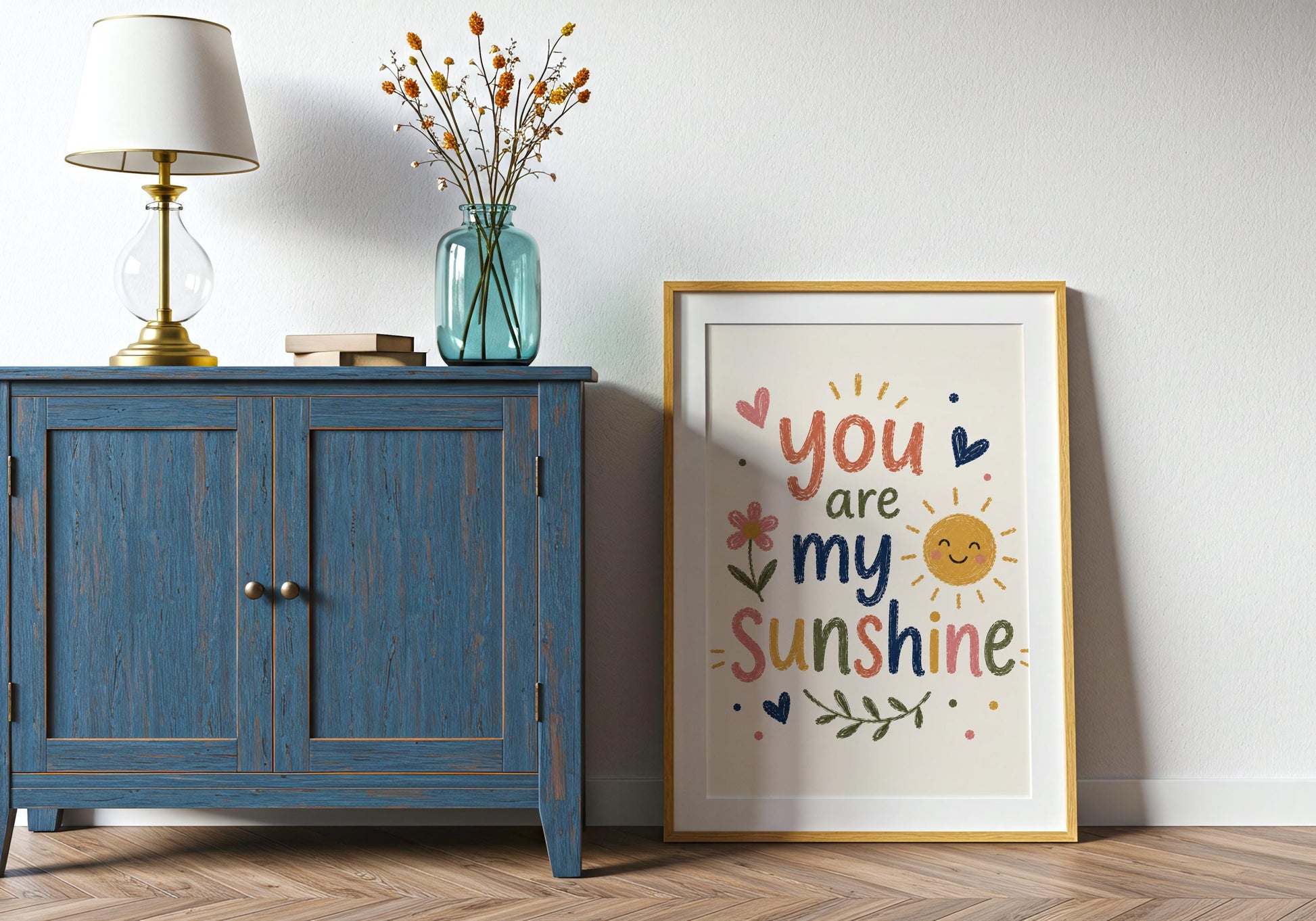 Inspirational children's wall art featuring happy sunshine artwork and playful typography for playroom decoration.