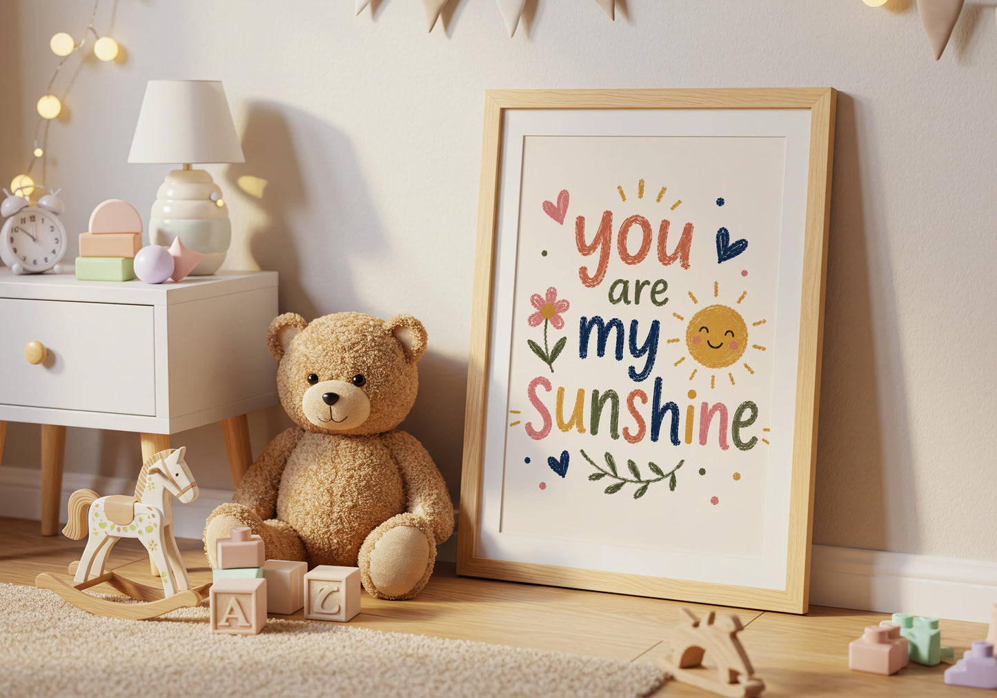 Whimsical sunshine poster with uplifting typography for toddler bedroom, reading corner or play space decor.