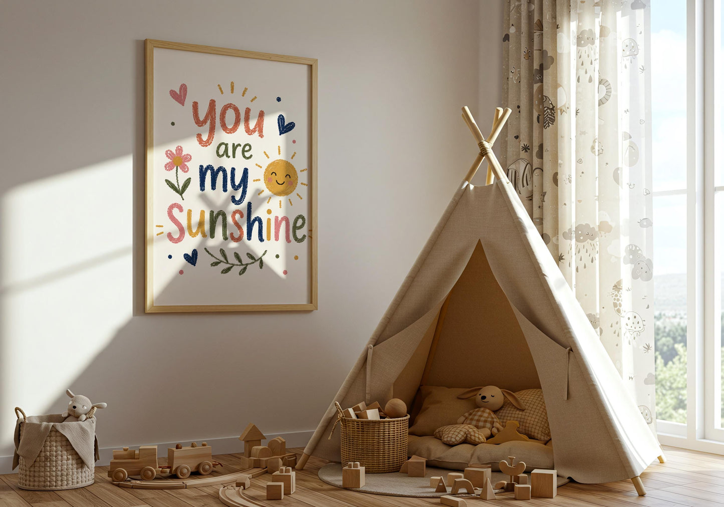 Family home wall art featuring You Are My Sunshine quote, floral illustrations and cheerful sunshine design.