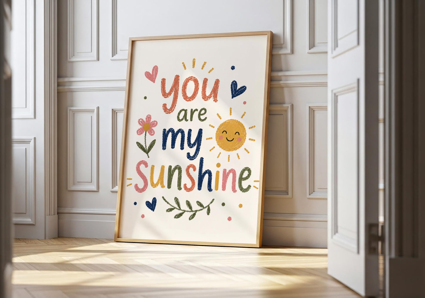 You Are My Sunshine wall print with smiling sun illustration for kids bedroom decor and colourful family home styling.