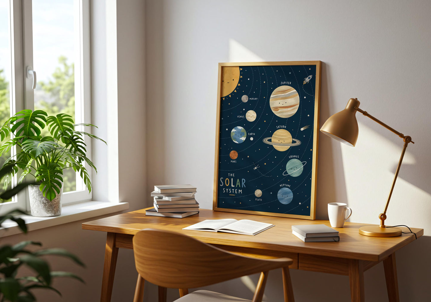 Planet poster for children's bedroom featuring Mercury through Neptune with playful illustrations.