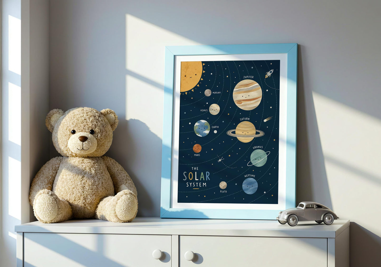 Astronomy wall art for kids showcasing the solar system in a colourful educational design.