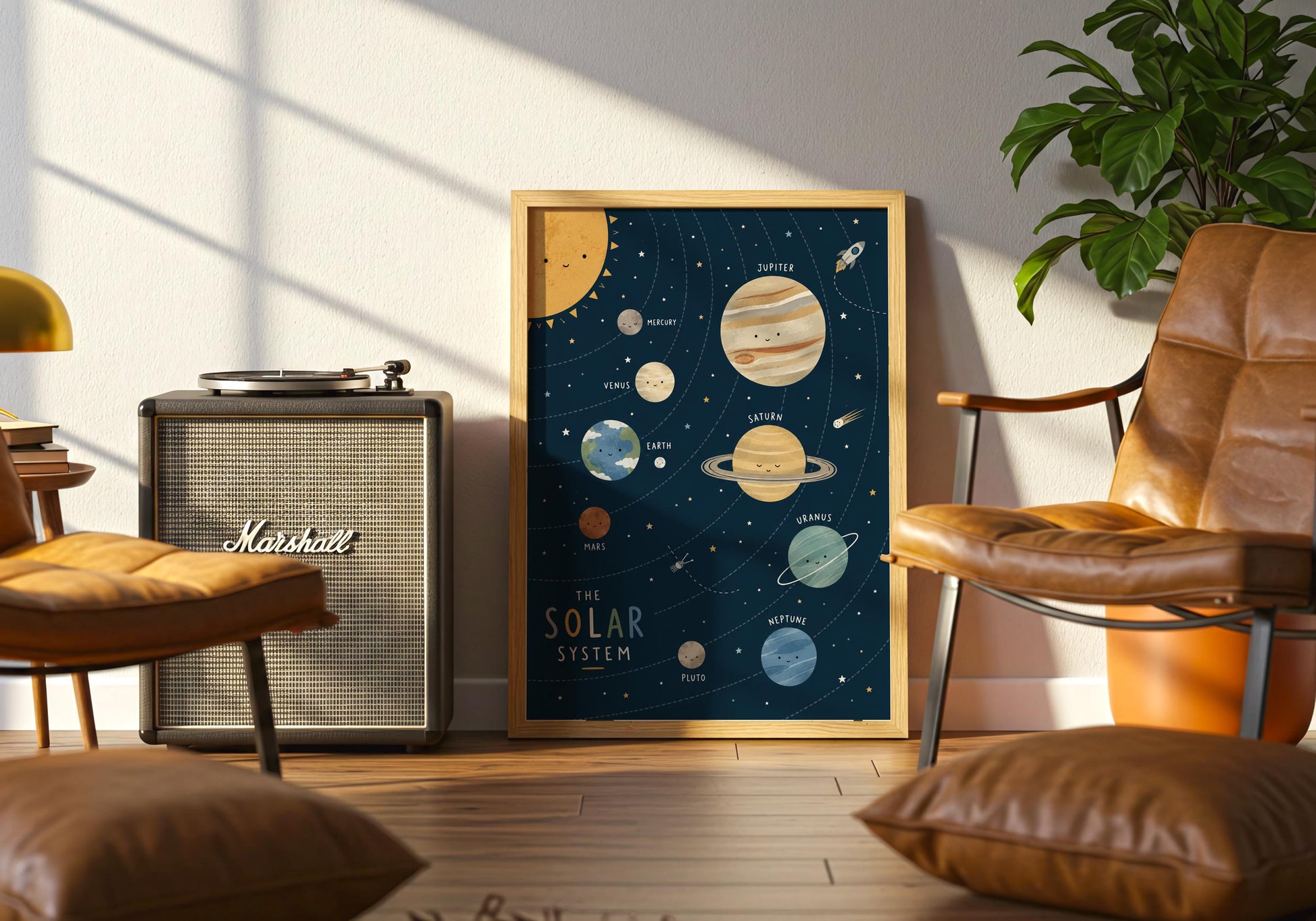 Outer space nursery print with cute solar system artwork and educational planet design.