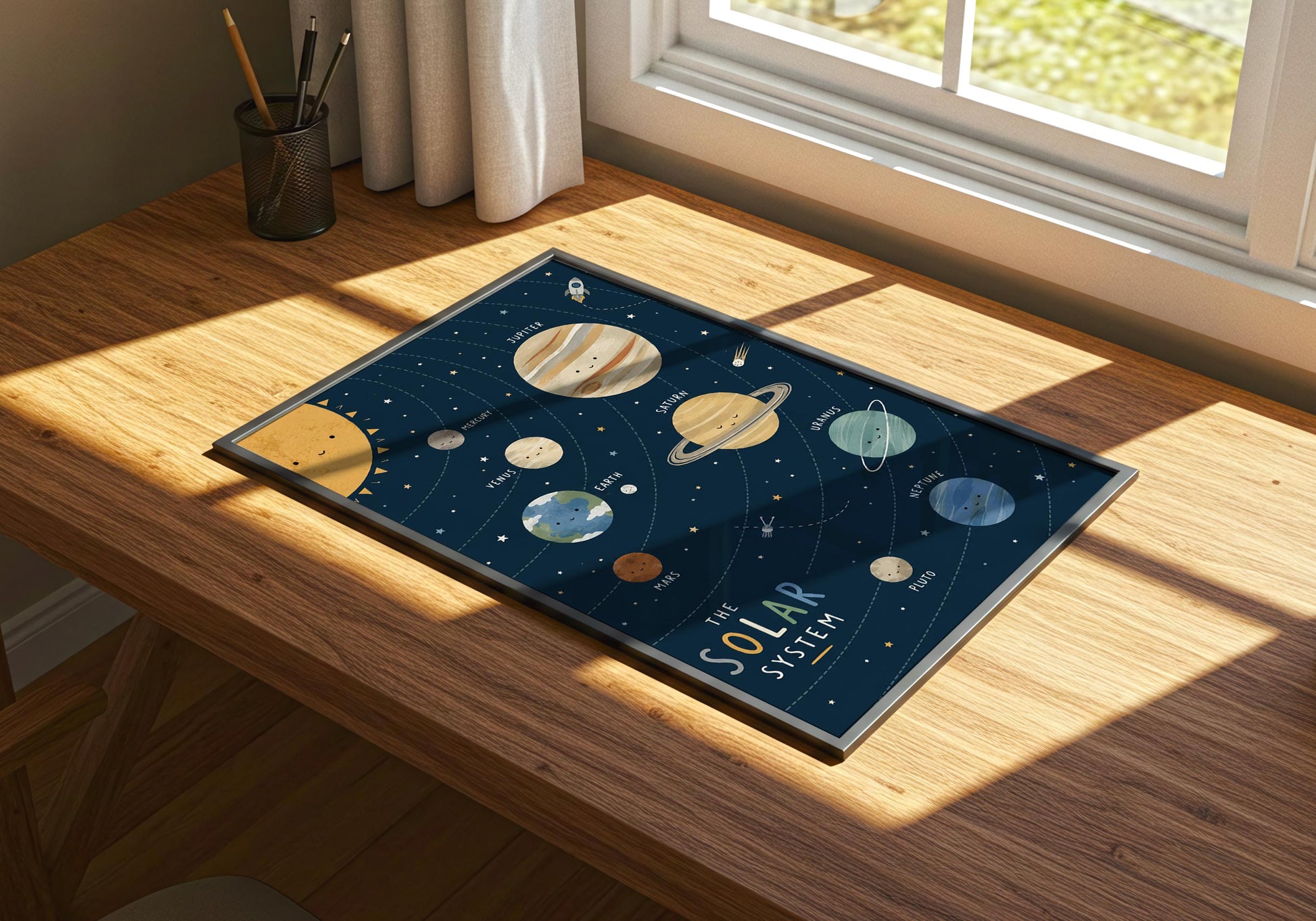 Space wall art for kids room featuring colourful planets and astronomy illustrations.