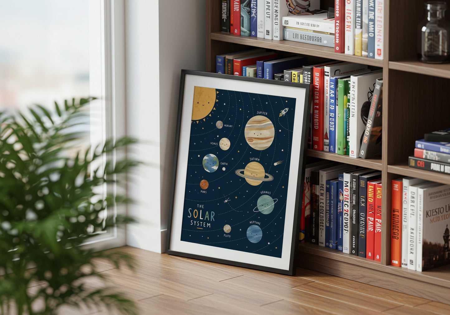 Space themed classroom poster featuring labelled planets and modern educational artwork.