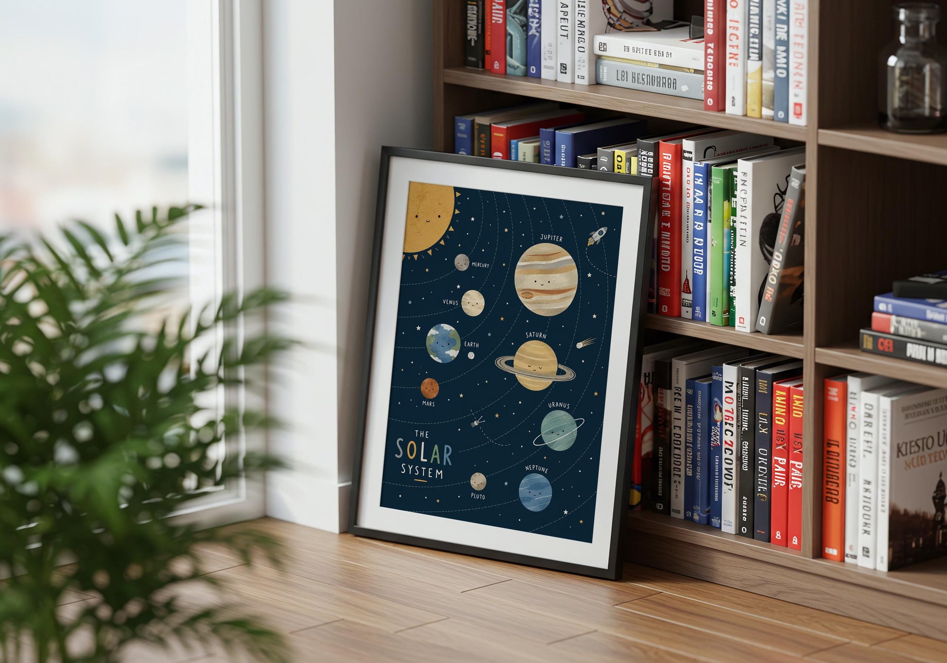 Space themed classroom poster featuring labelled planets and modern educational artwork.