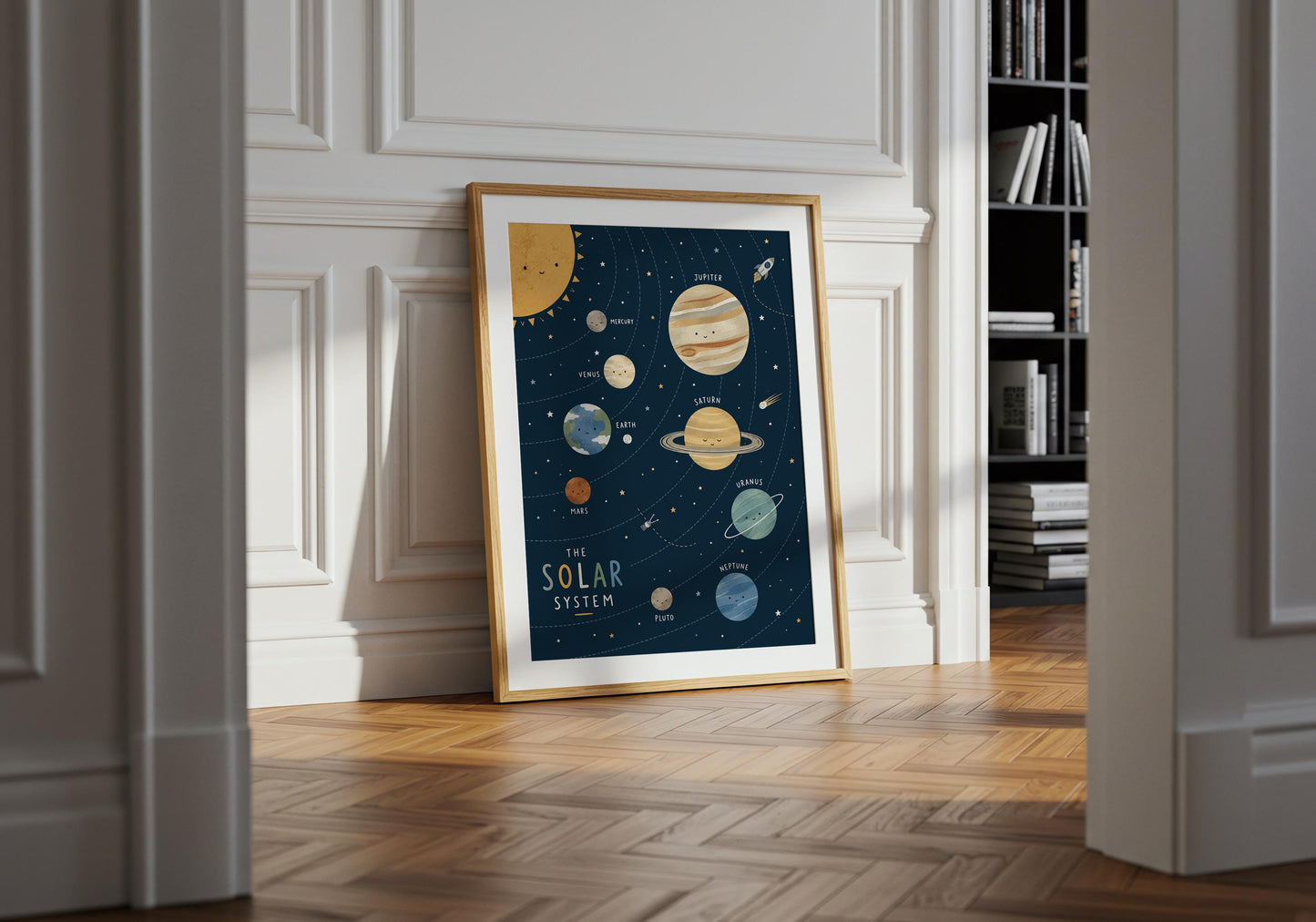 STEM inspired nursery wall decor with illustrated solar system and smiling planets.