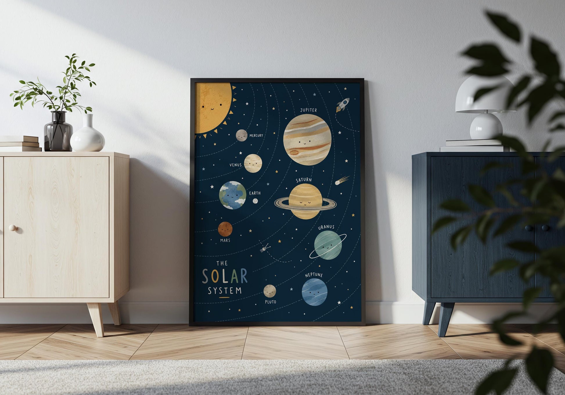 Educational kids wall art featuring planets, stars and outer space learning poster.