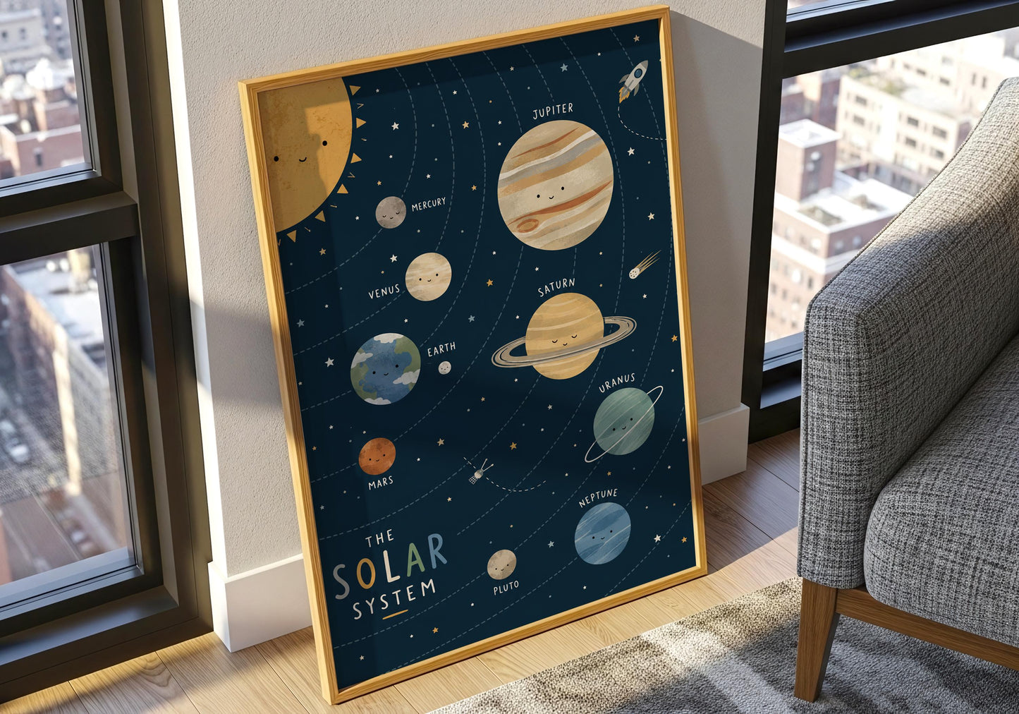 Cute solar system wall print with illustrated planets and stars for nursery, playroom or kids bedroom decor.