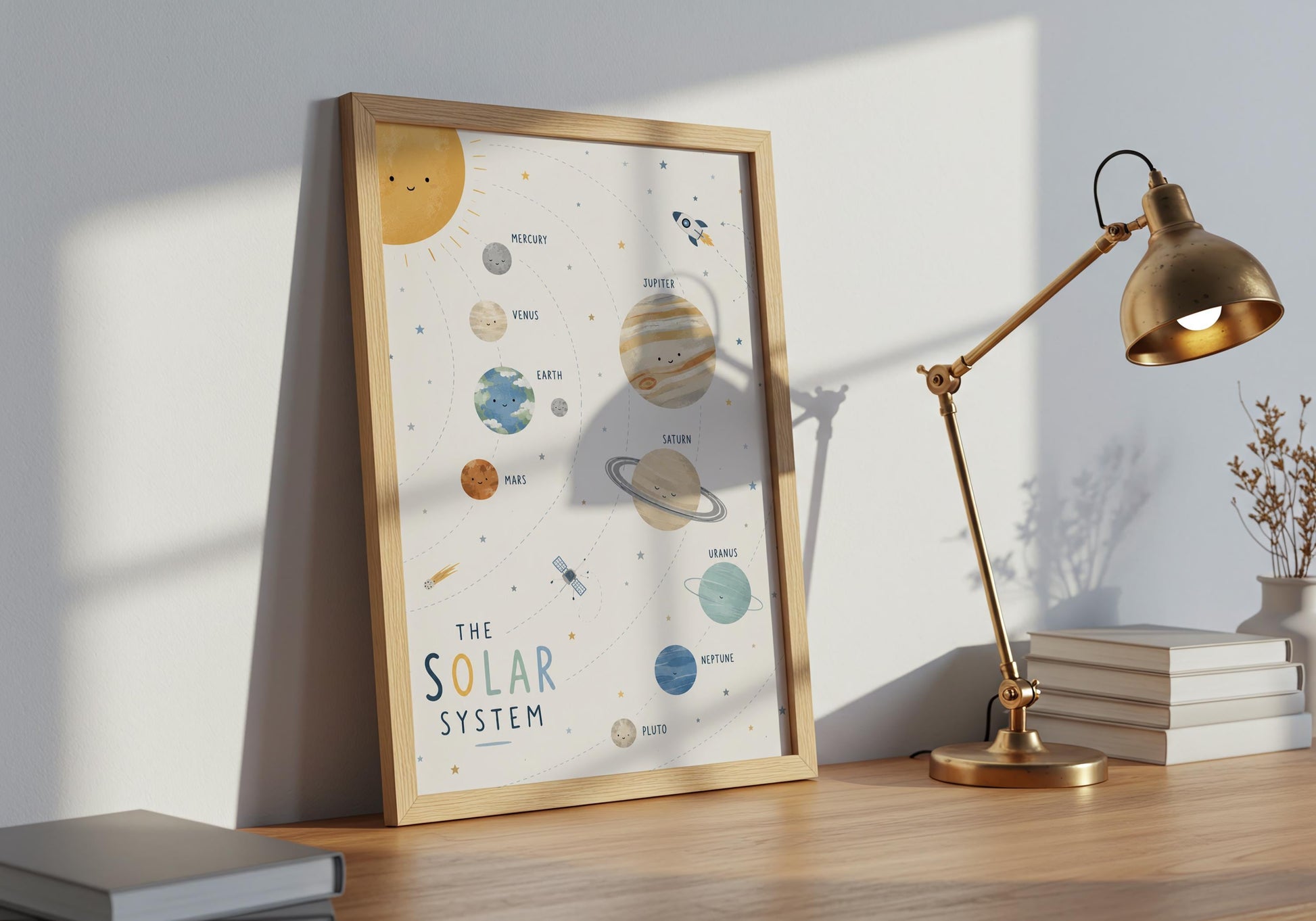 Minimalist solar system poster with cute planet illustrations for kids room, nursery or classroom decor.
