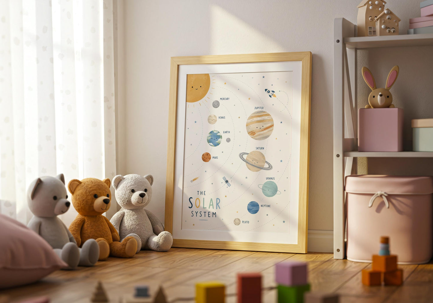 Planet learning poster for toddlers and children featuring labelled solar system artwork in soft neutral colours.