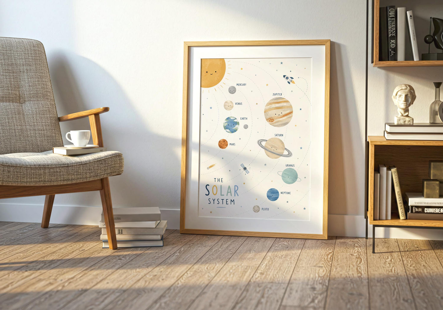 Space-themed kids bedroom wall art with modern solar system illustration and astronomy-inspired educational design.