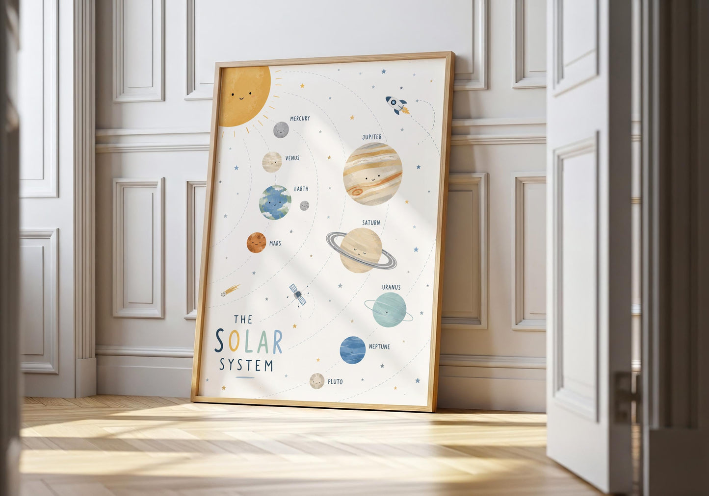 Neutral solar system nursery print featuring illustrated planets for modern space-themed baby room decor.