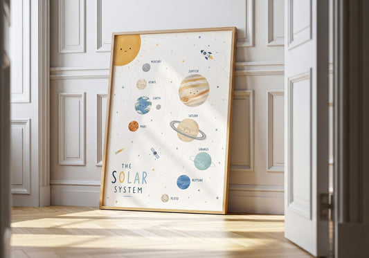 Neutral solar system nursery print featuring illustrated planets for modern space-themed baby room decor.