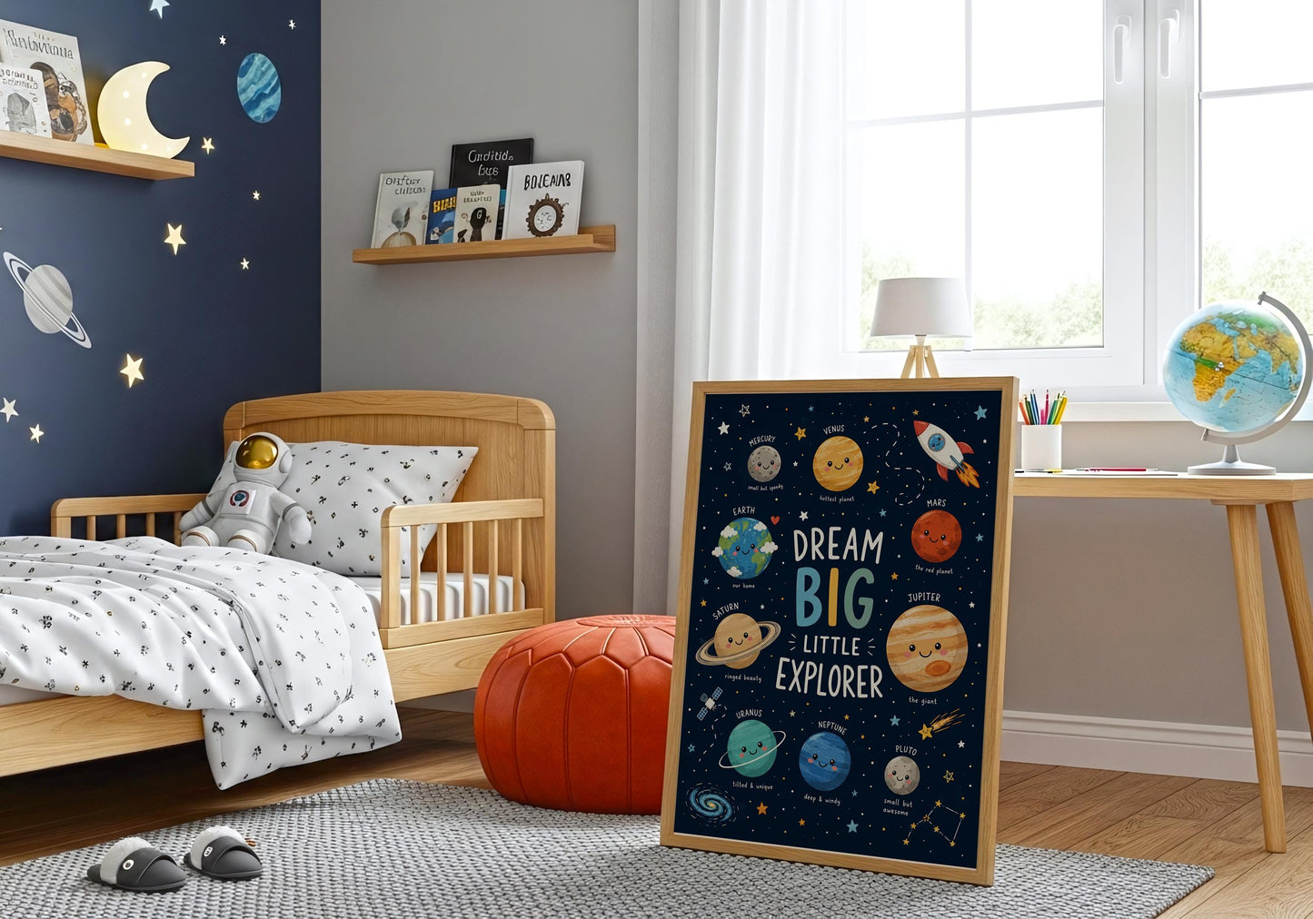 Solar system nursery wall art with cute planets, stars and rocket for children's bedroom decor.