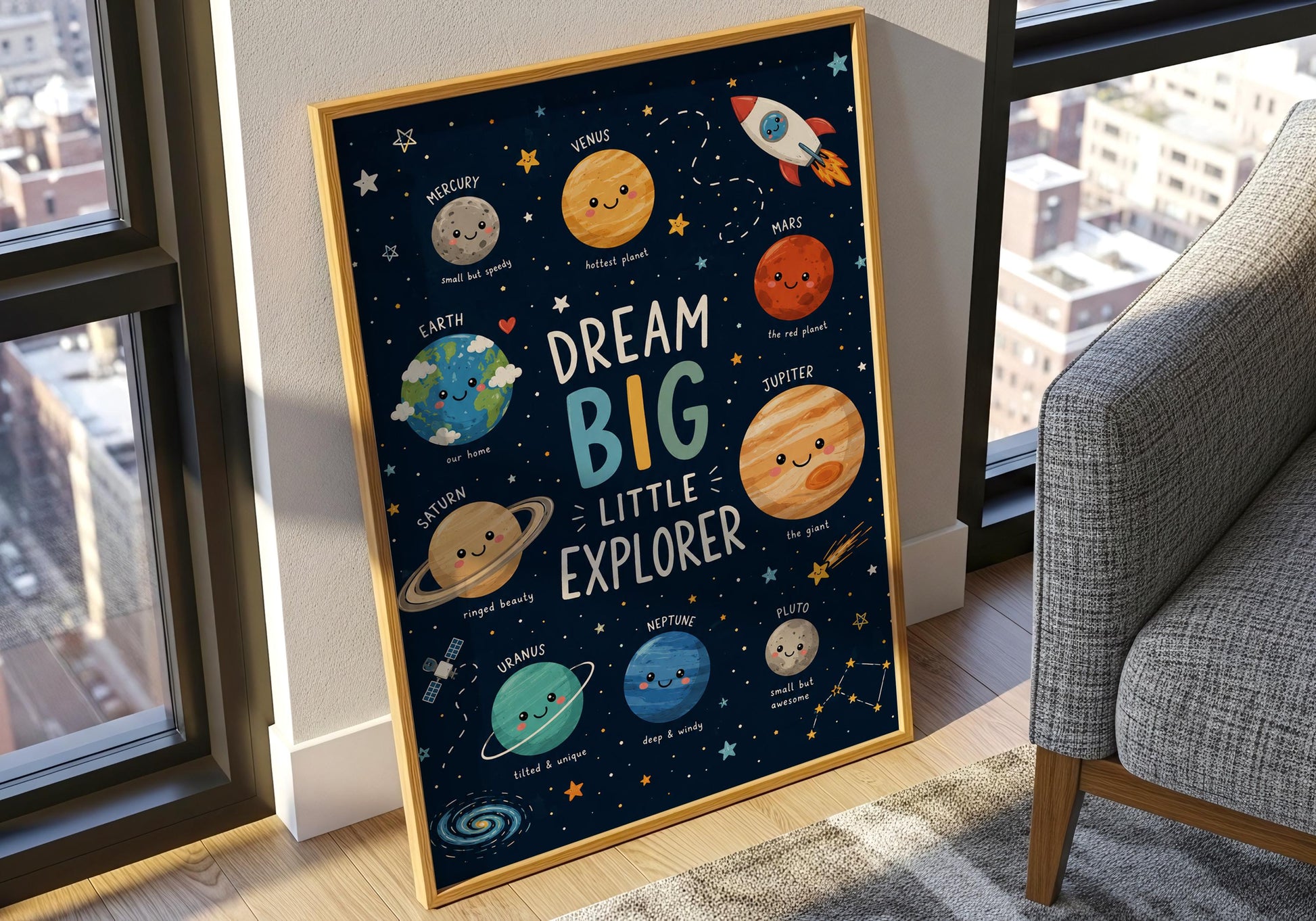 Space-themed kids room decor featuring Mercury, Venus, Earth, Mars, Jupiter, Saturn, Uranus and Neptune.
