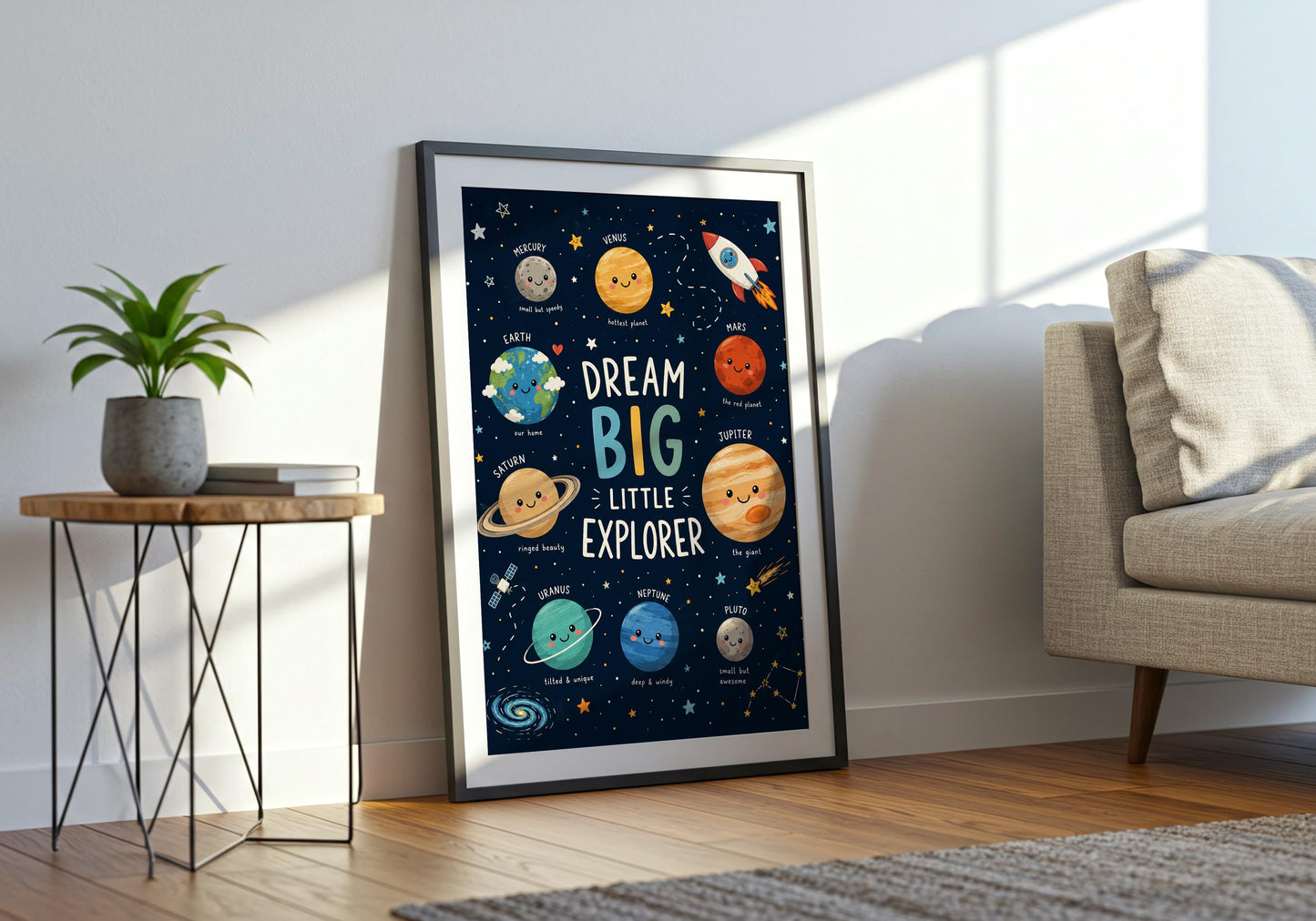 Space wall art for boys or girls bedroom featuring educational planet artwork and rocket illustration.