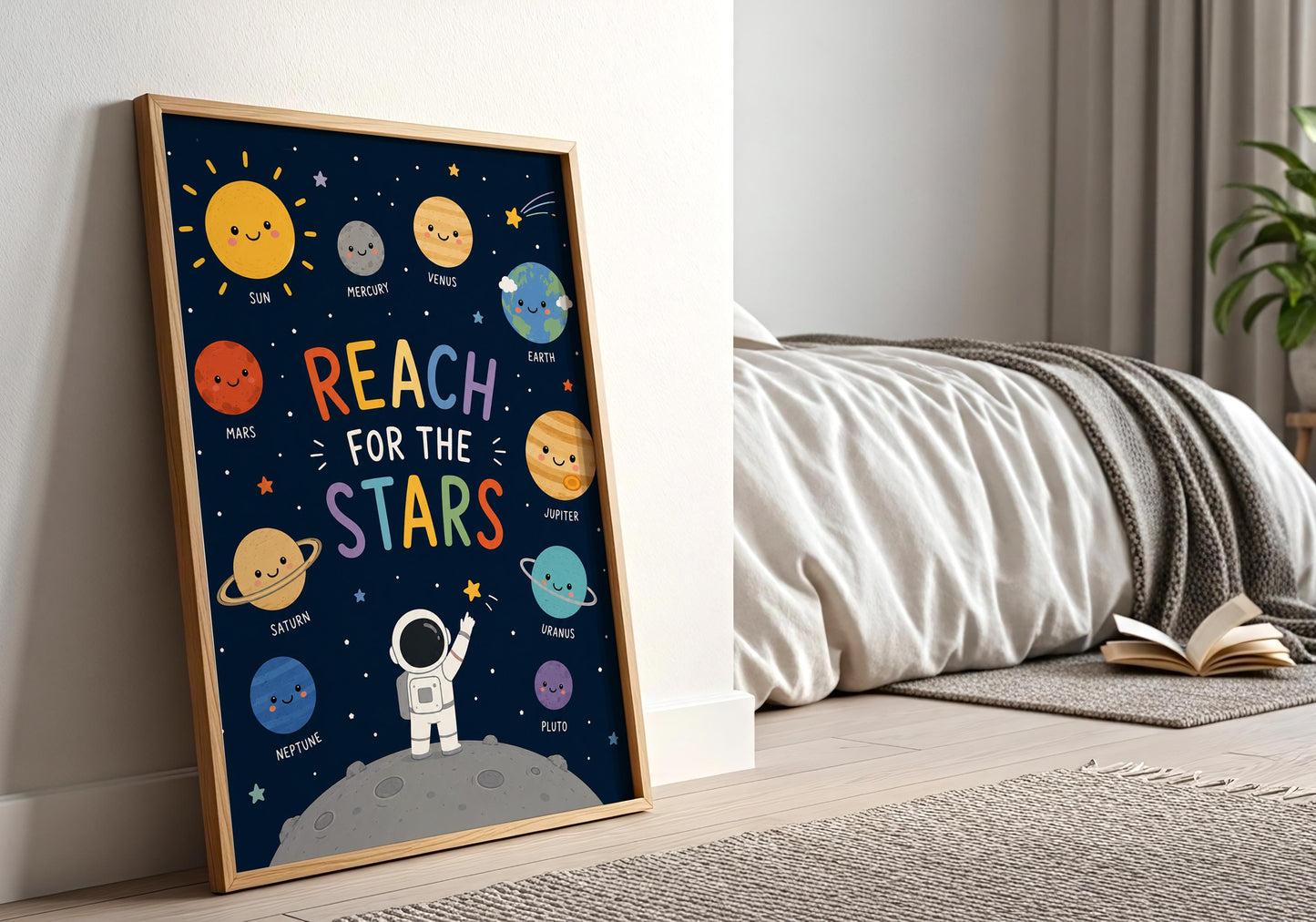 Educational astronomy poster for nursery with smiling planets and astronaut illustration.
